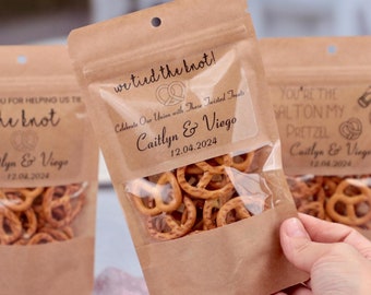 We Tied the Knot Favor Bags, 50 Wedding Pretzel Pouches, Rehearsal Dinner Snack Bags, Brown Stand-Up Zip Bags