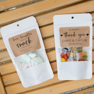 50 Pieces Wedding Favor Bags, Love Laughter and A Snack, A Sweet Thank You, Treat Bags, Wedding Stickers and Bags, Stand Up Zip Lock Bag