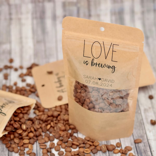 Love is Brewing Wedding Favor Coffee Bags, Custom Coffee Pouches, Wedding Favors for Guests in Bulk, Wedding Favors Bags