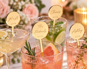 Personalized Acrylic Wedding Cocktail Stirrers, Custom Name & Date Drink Sticks, Set of 50