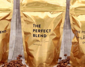 The Perfect Blend Coffee Wedding Favor Bags, Personalized Bridal Shower Favors, Coffee Favors in Bulk, Gold  Resealable Coffee Pouch Favors