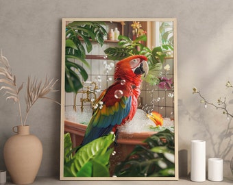 Ara Badezimmer Art Print, wunderlicher Vogel im Schaumbad, Tropischer Papagei Wanddekor, druckbare Wandkunst, Toilettenschild Poster