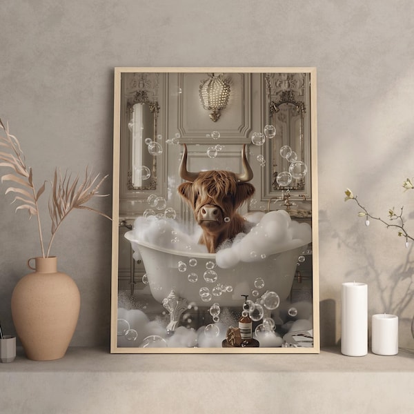 Scottish Highland Cow having a bath  - Funny Picture, Bathroom Wall Art, Wall Poster, Wall Decor, Funny bathroom print, rest room, Sign gift