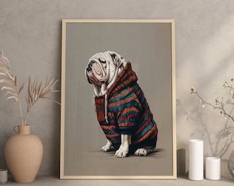 Whimsical Woolly Jumper Bulldog Poster, funny dog Artwork for Wall, Bull dog print, Bulldog Decor, Funny Bull dog Art, Minimalistic, Modern