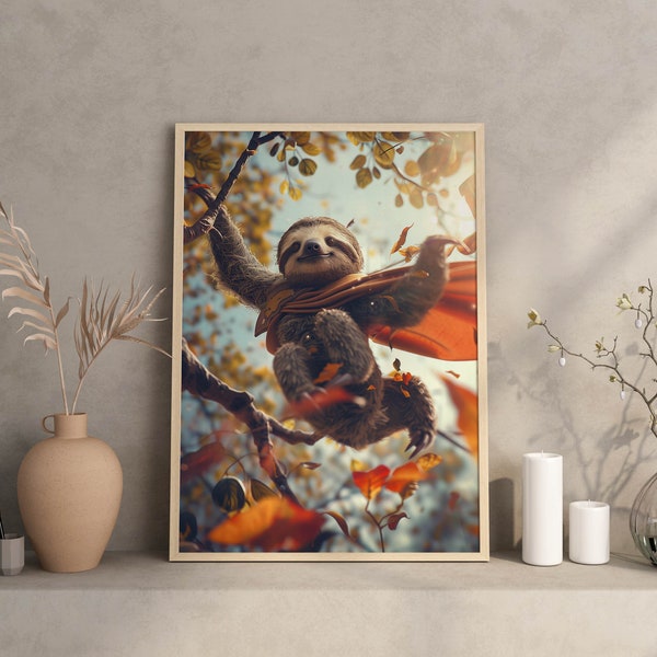 Stampa artistica da parete di bradipo supereroe, poster di bradipo carino aggrappato ai rami, divertente decorazione della camera dei bambini, regalo di compleanno ideale, arredamento della scuola materna