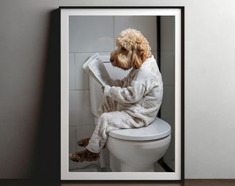 Cockapoo op het toilet - grappige hond foto, badkamer kunst aan de muur, muurposter, wanddecoratie, hondenliefhebber cadeau, poster, grappige badkamer print