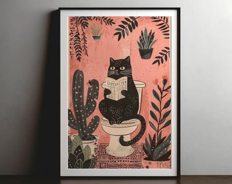 Zwarte kat op het toilet - grappige kat foto, badkamer kunst aan de muur, muurposter, wanddecoratie, kat minnaar cadeau, poster, grappige badkamer print, teken