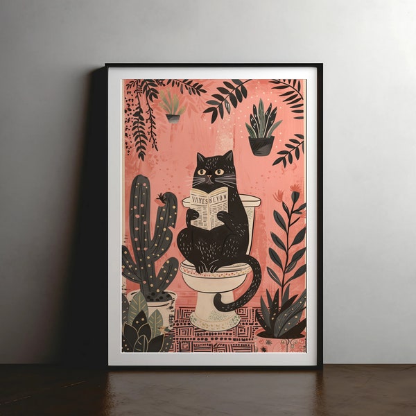 Zwarte kat op het toilet - grappige kat foto, badkamer kunst aan de muur, muurposter, wanddecoratie, kat minnaar cadeau, poster, grappige badkamer print, teken