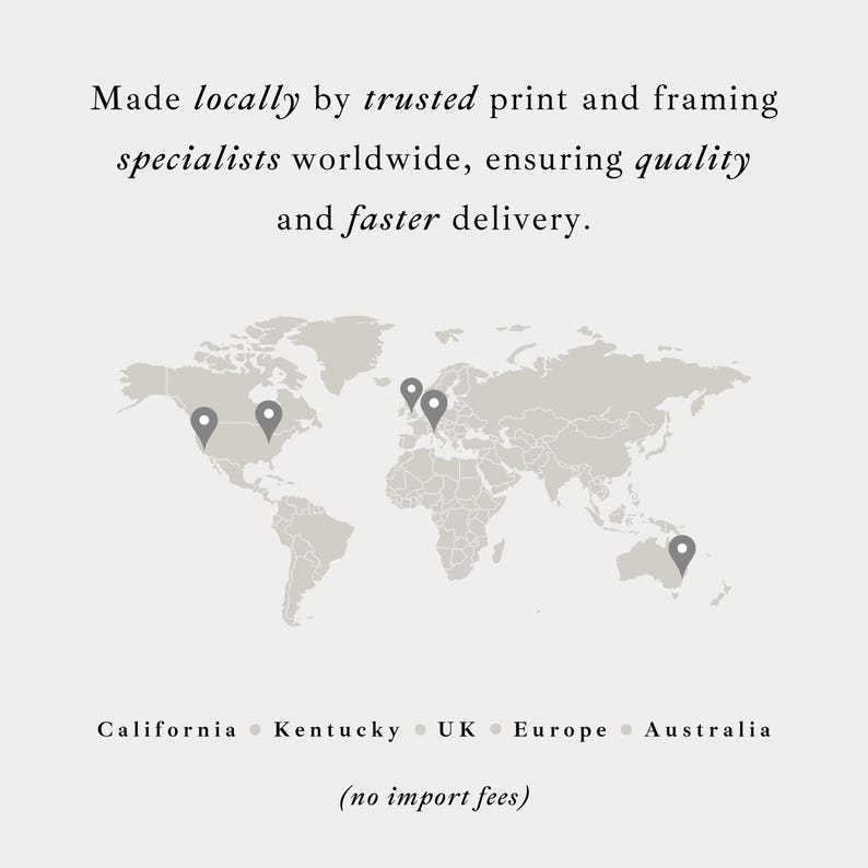 Puede incluir: Un gr&aacute;fico gris claro que muestra un mapa mundial con marcadores de ubicaci&oacute;n gris oscuro en California, Kentucky, el Reino Unido, Europa y Australia. El texto dice: Made locally by trusted print and framing specialists worldwide, ensuring quality and faster delivery.
