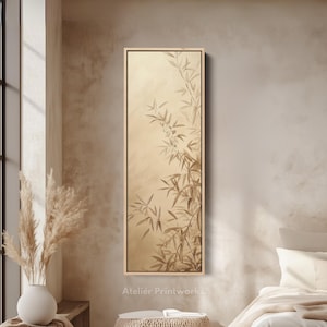 LONG BAMBOO FLOWERS Vertical Wall Art Framed Canvas Print Oriental Minimal Botanical Painting for Bedroom or Hallway