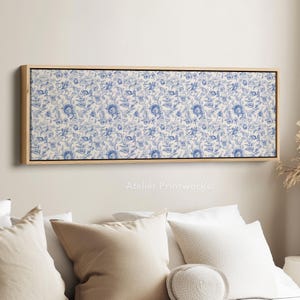 VINTAGE BLUE Floral Über Bett Wand Kunst Lange schmale Horizontale Wand Kunst Große Leinwand Dekor, große Leinwand Kunstwerk Großes gerahmtes Bild H0259