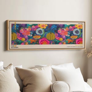 May include: A framed art print with a colourful floral design by Yayoi Kusama, labelled "Japan 1990". The artwork features flowers, pumpkins, and polka dots in a variety of colours. The text "Le Musée d'Art Moderne de la Ville de Paris" is also visible.