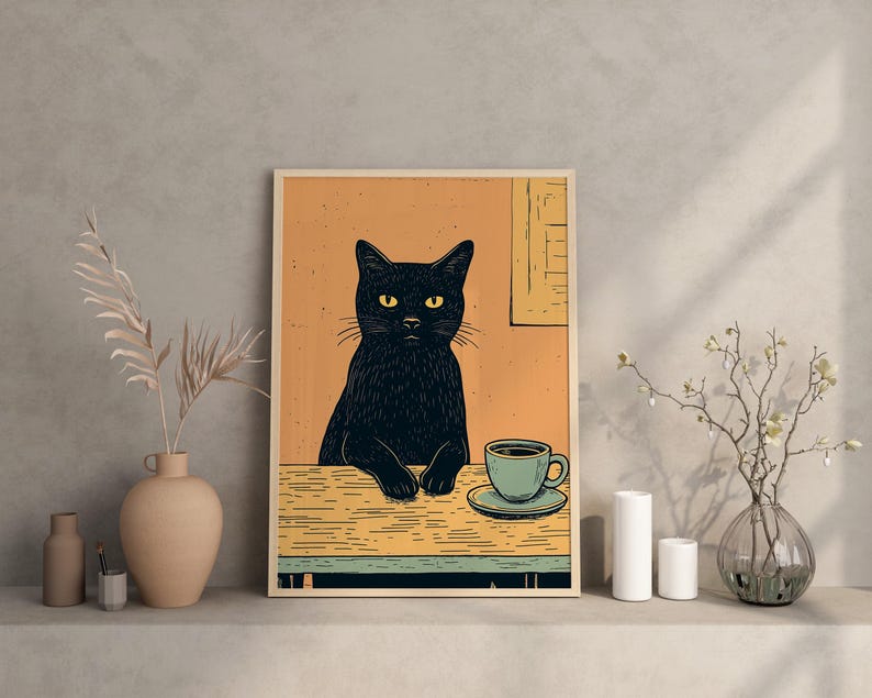Black Cat Relaxing With Coffee Kitchen Wall Decor Retro Vintage Quirky