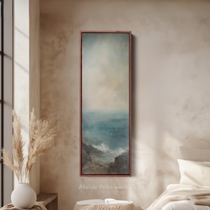 VINTAGE OCEAN PAINTING Long Narrow Vertical Wall Art, Large Canvas Decor, Large Canvas Art Work, Long Wall Art, Large Framed Picture - V0142