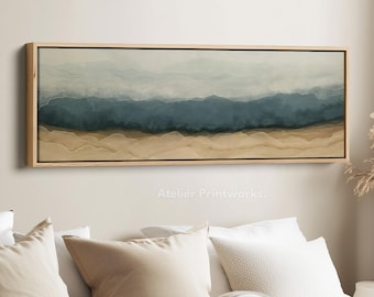 COASTAL LAYERED SHORELINE horizontal wall art above bed wall art framed canvas print in teal blue and sandy beige for living room bedroom