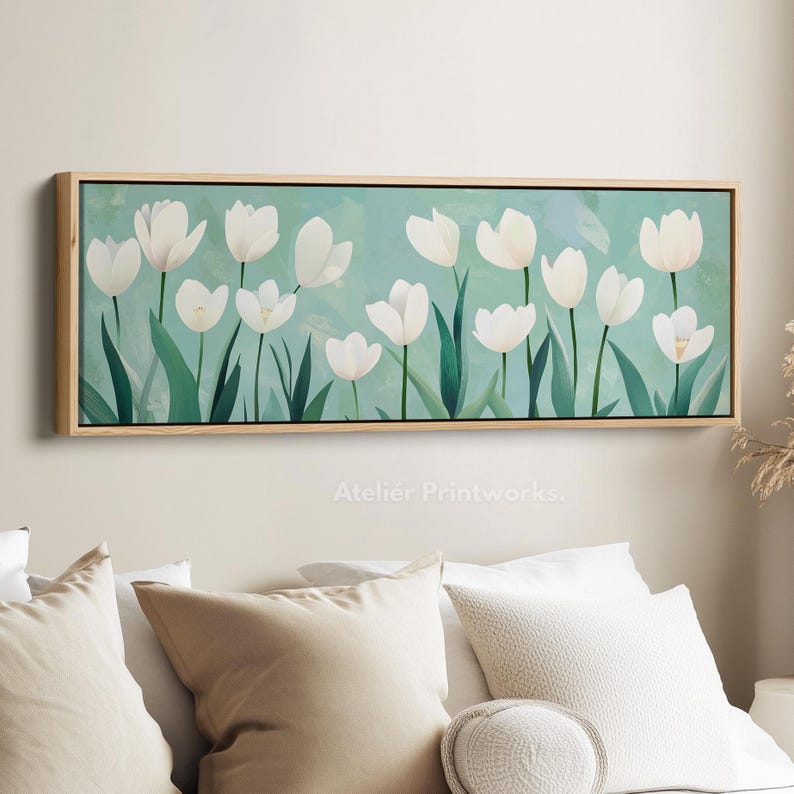 Horizontal Floral Wall Art White Tulip Canvas Print Long Botanical ...