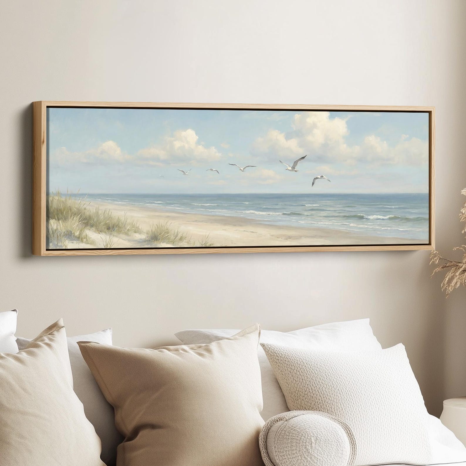 SEAGULL BEACH PANORAMA Wide Horizontal Wall Art Blue Grey Sky and Soft ...