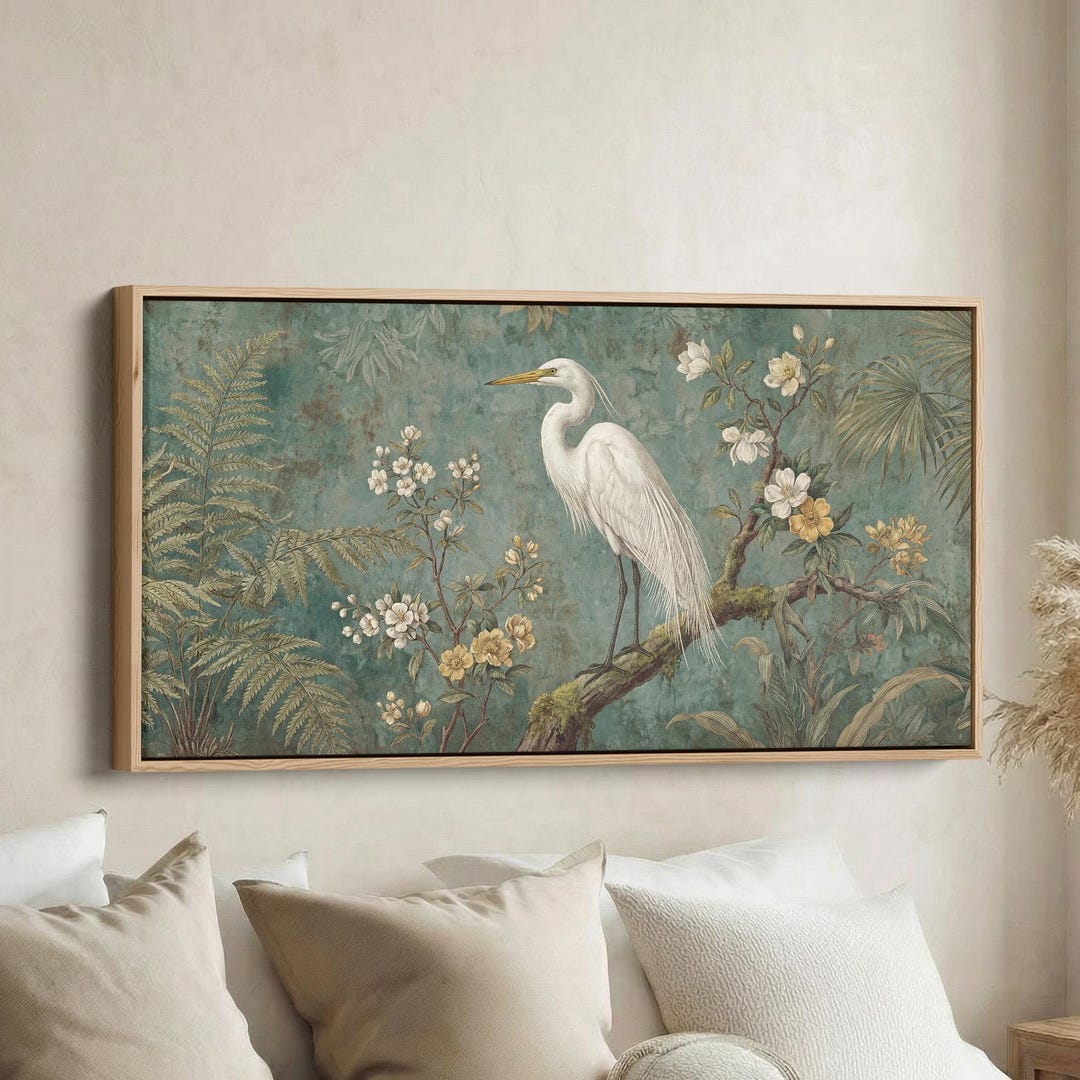 WHITE EGRET BLOOMS Long Horizontal Wall Art Above Bed Framed Canvas ...