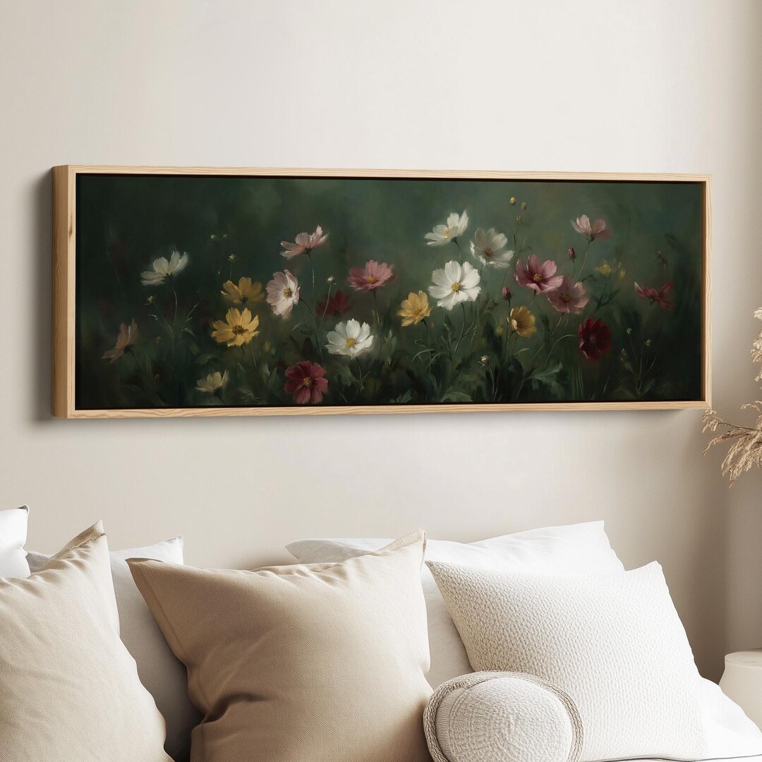 MOODY VINTAGE FLOWERS Horizontal Wall Art With Dark Floral Painting and ...
