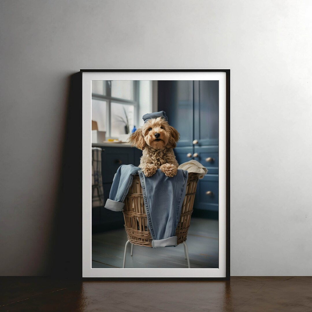 Cockapoo Wall Art Print, Cute Dog in Laundry Basket, Whimsical Home ...