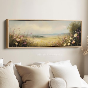 BEAUTIFUL WILDFLOWER MEADOW Framed Canvas Wall Art Print, Long Horizontal Art, Wide Wall Art, Canvas Print, Large Panoramic Landscape  H0123
