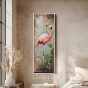 ROSA FLAMINGO LANGE Vertikale Große gerahmte Leinwand-Wandkunst, hohe dünne Wandkunst, schmales Wand-Dekor, Rosa, Grün, große Leinwand-Wand-Dekor V0234