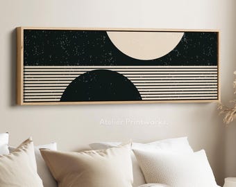 GRAPHIC GEOMETRIC SHAPE long abstract black and cream framed canvas wall art for bedroom or hallway