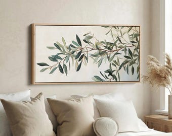 Rama de olivo botánica, arte de pared horizontal largo sobre la cama, impresión en lienzo enmarcada para sala de estar, dormitorio, pasillo, arte vegetal minimalista