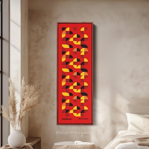 FRAMED BAUHAUS CANVAS Red Long Narrow Vertical Wall Decor, Large Geometric Wall Art, Art For Living room & Bedroom, Mid Century Modern V0356