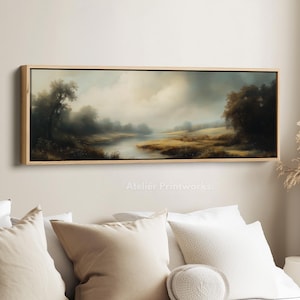 MISTY LANDSCAPE Framed Canvas Wall Art Print, Long Horizontal Art, Wide Wall Art, Canvas Print, Large Panoramic Landscape - H0102