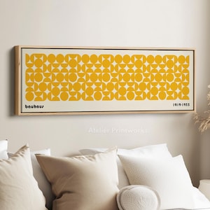 Mid Century Gelbe moderne Bauhaus Kunst Leinwand, gerahmt Bauhaus Poster, langes schmales Dekor, horizontale Wandkunst, über Bett Wandkunst - H0359