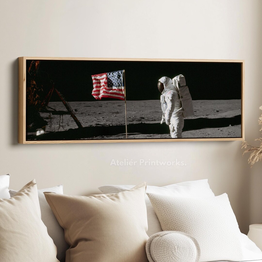 Above Bed Wall Art Astronaut and Flag Canvas Print Long Horizontal Moon ...
