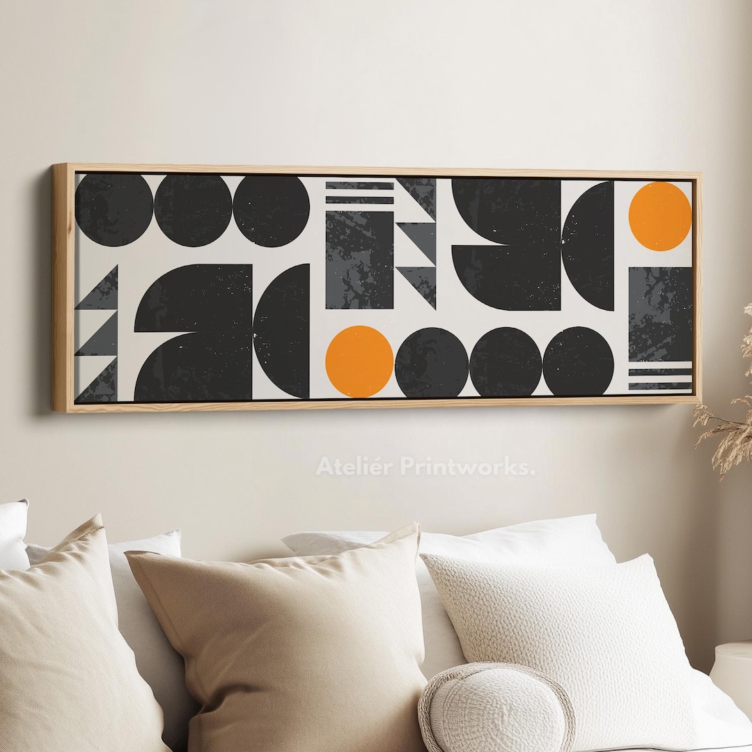 MID CENTURY PATTERN Geometric Orange and Grey Wall Art Long Panoramic ...