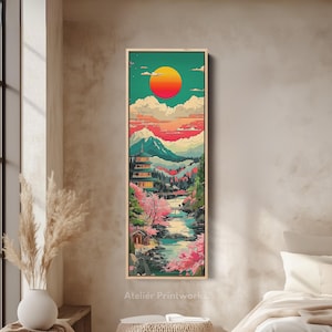 JAPANESE LANDSCAPE LONG Vertical Large Framed Canvas Wall Art, Tall Slim Wall Art, Narrow Wall Decor, Orange, Large Canvas Decor - V0235