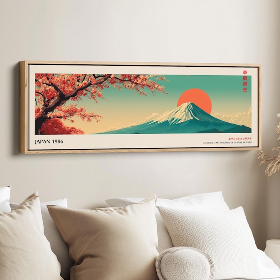 Wide Mount Fuji Wall Art, Long Cherry Blossom Landscape for Above Bed or Living Room