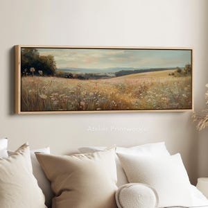 WILDFLOWER MEADOW Framed Canvas Wall Art Print, Long Horizontal Art, Wide Wall Art, Canvas Print, Large Panoramic Landscape  H0124