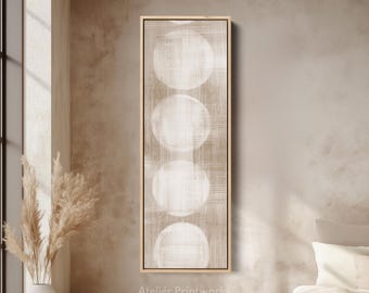 Cuadro vertical de lienzo con círculos geométricos color beige – Impresión delgada color crema y arena para sala de estar, dormitorio, pasillo o paredes de oficina con estilo.