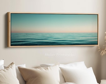 OCEAN HORIZON Wall Art Long Horizontal seascape canvas print in blue and beige tones minimalist design for living room bedroom or hallway