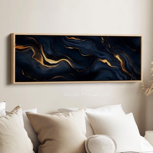 Abstract Blue long narrow wall art, horizontal Wall Art, Large Framed Canvas, panoramic wall art, above bed decor, skinny wall art - H0017