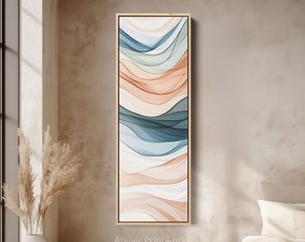 COASTAL ABSTRACT Waves Vertical Wall Art in Blue and Sand Long Slim Canvas for Living Room or Office