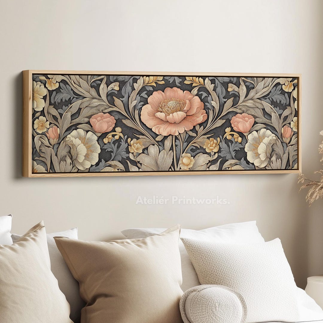 Above Bed Wall Art Vintage Floral Canvas Print Long Horizontal Artwork ...