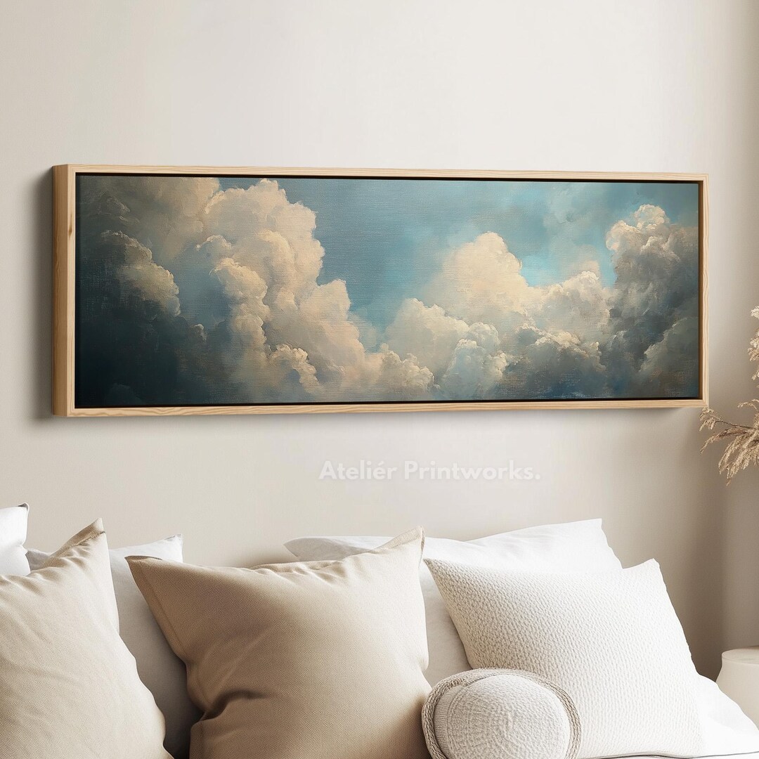 VINTAGE WHITE CLOUDS Framed Canvas Wall Art Print, Long Wide Horizontal ...