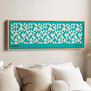 Mid Century Blue Modern Bauhaus Art Canvas, Framed Bauhaus Poster, Long Narrow Decor, Horizontal Wall Art, Above Bed Wall Art Wide Art H0357