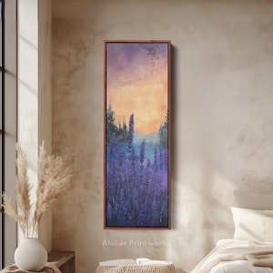VERTICAL LAVENDER Wandkunst Lange dünne schmale Leinwand, hohe Vertikale Wandkunst, gerahmte Wanddekoration, große gerahmte Leinwand, Leinwanddruck - V0052