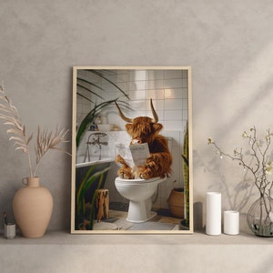 Tableau Toile Humour Vache Highland Aux Toilettes – Décoration Murale Prête à Accrocher