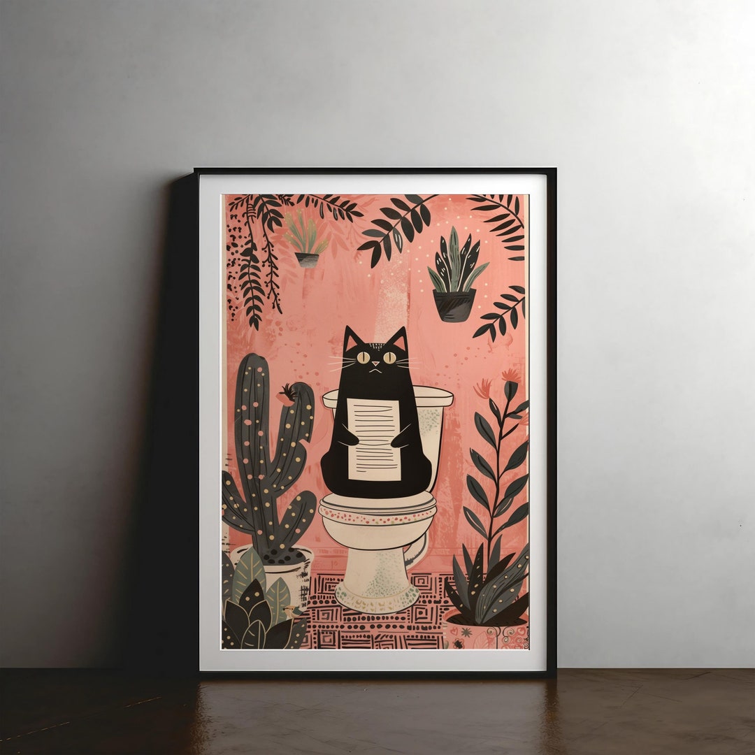 Black Cat on the Toilet Funny Cat Picture, Bathroom Wall Art, Wall