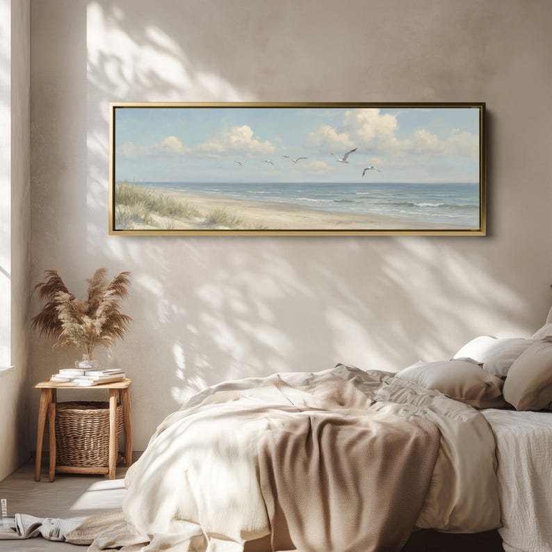 SEAGULL BEACH PANORAMA Wide Horizontal Wall Art Blue Grey Sky and Soft ...