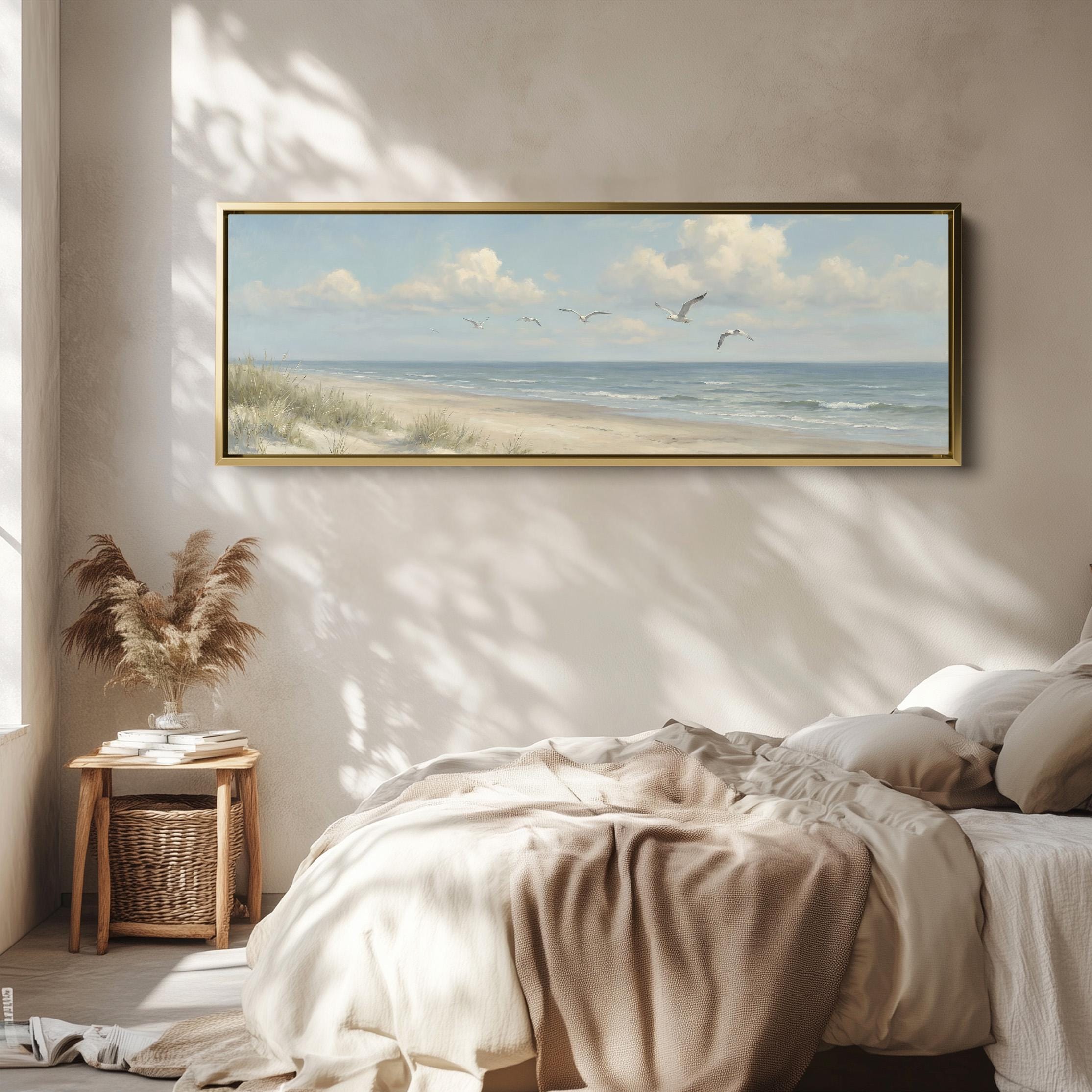 SEAGULL BEACH PANORAMA Wide Horizontal Wall Art Blue Grey Sky and Soft ...