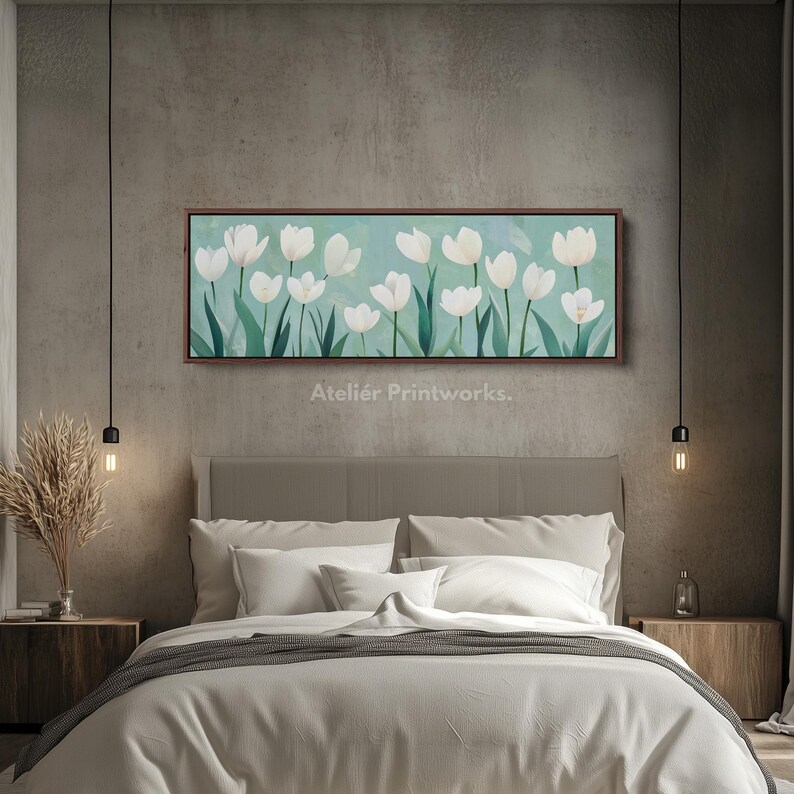 Horizontal Floral Wall Art White Tulip Canvas Print Long Botanical ...
