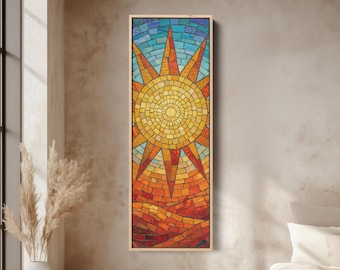 RADIANT MOSAIC SUN Arte de parede vertical em tela com estampa estreita em azulejo âmbar, estilo boho, para sala de estar e corredor.